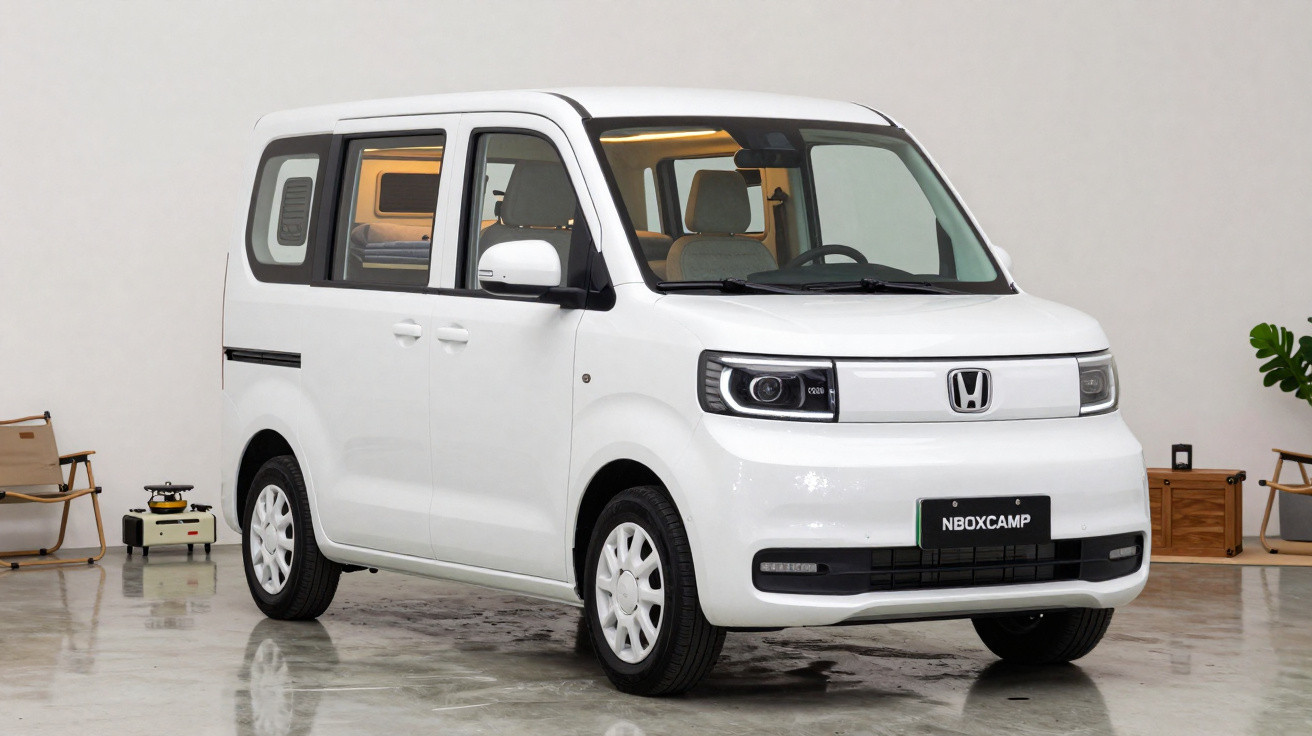 Carro branco compacto Honda N-BOX CAMP estacionado em ambiente interno moderno e minimalista.