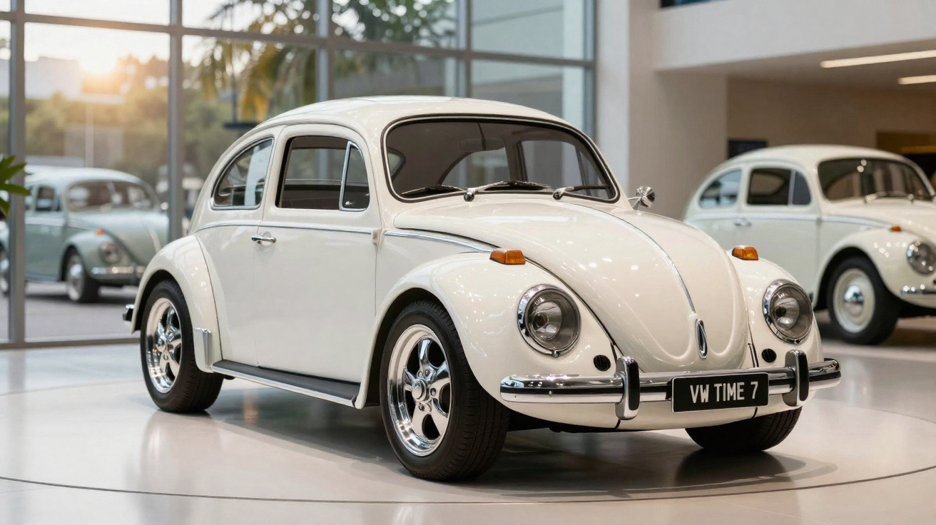 Carro clássico Volkswagen Fusca branco exposto em ambiente interno com iluminação natural.
