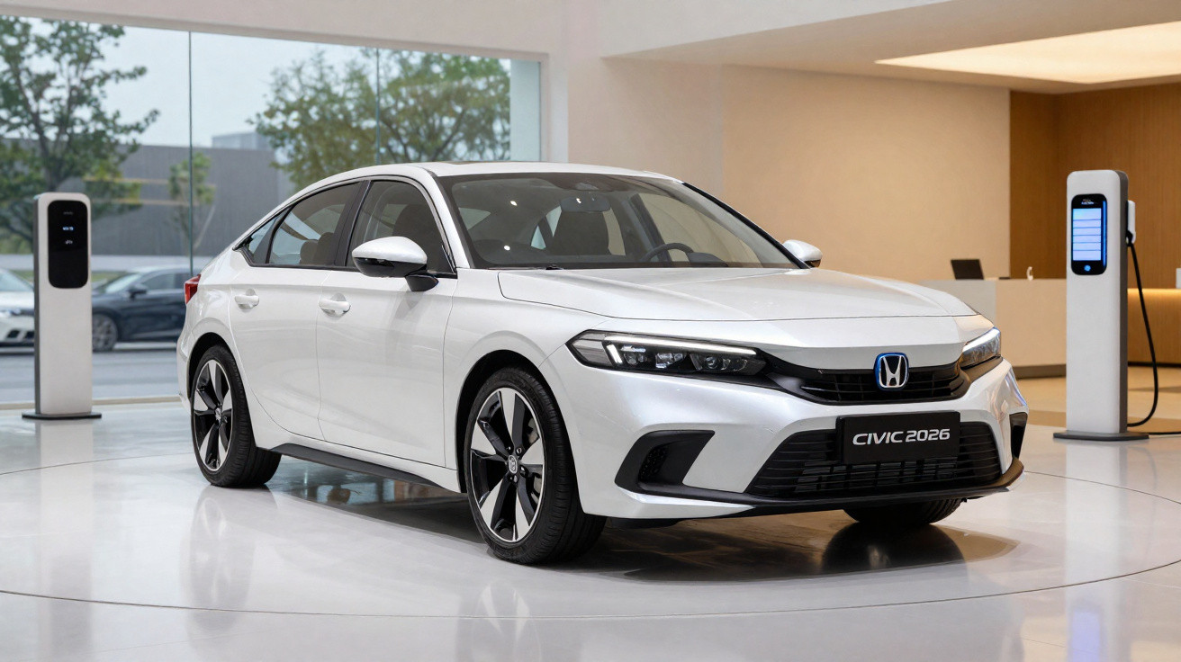 Carro Honda Civic 2026 branco exibido em showroom moderno com estações de recarga elétrica ao redor.
