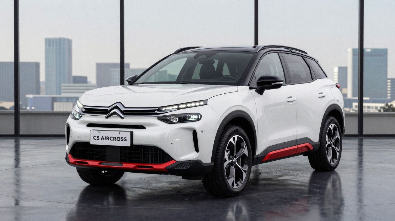 SUV Citroën C5 Aircross branco com detalhes vermelhos, em ambiente interno com janelas grandes e vista urbana.