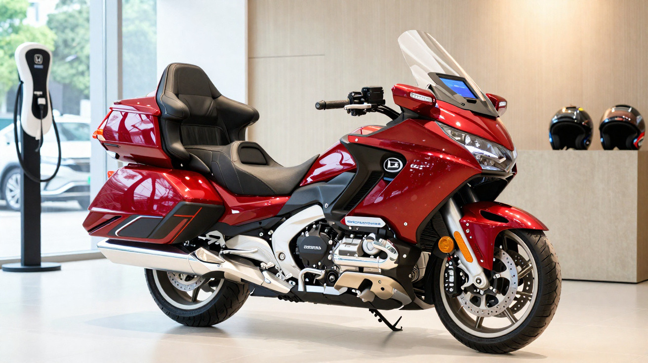Motocicleta touring vermelha com banco confortável e para-brisa em ambiente interno de showroom.