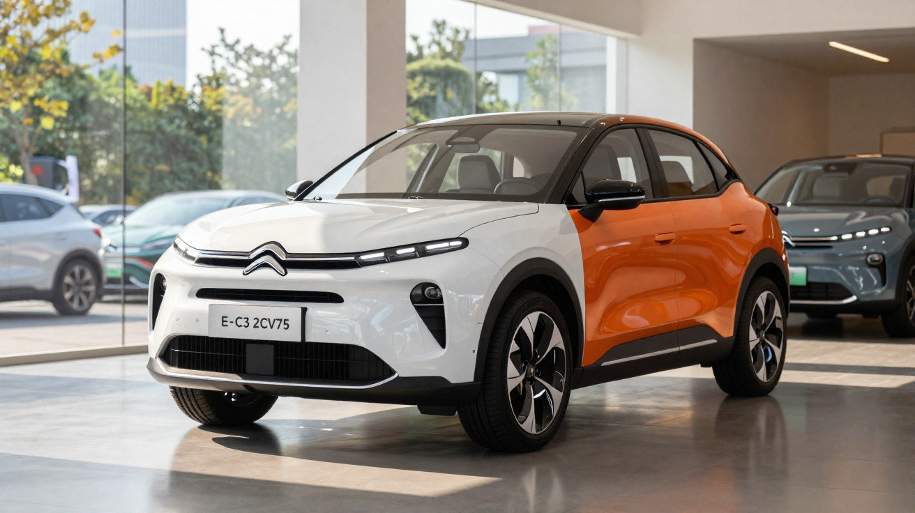 Carro Citroën E-C3 2CV75 branco com laterais laranja em showroom moderno com vidros grandes.
