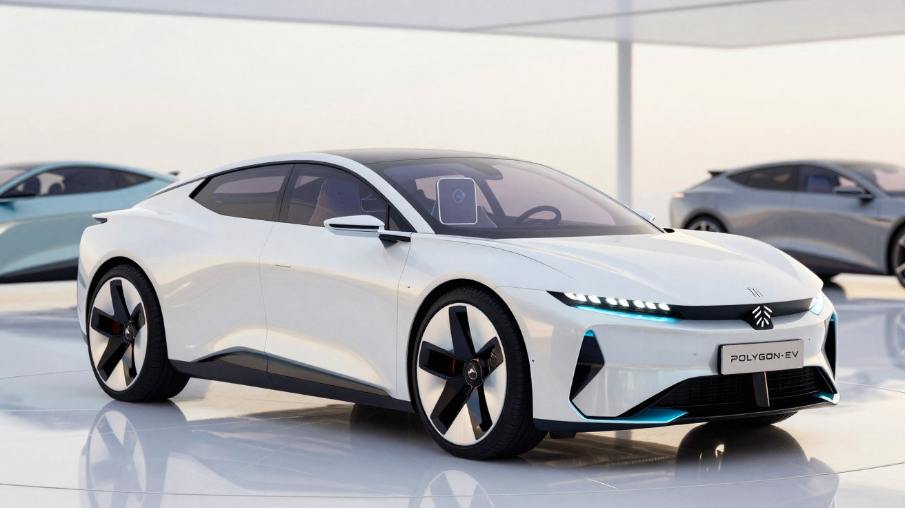 Carro elétrico esportivo branco estacionado em ambiente interno moderno com outros veículos ao fundo.