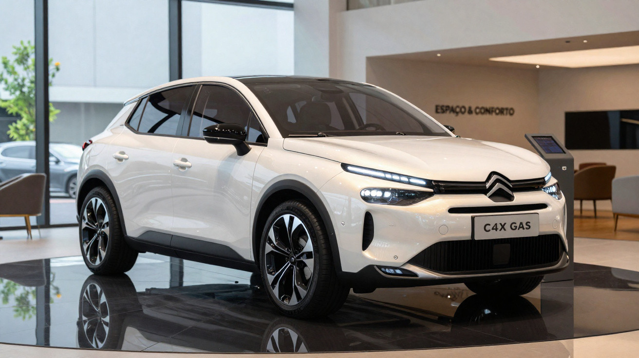 Carro branco Citroën C4X GAS exposto em showroom moderno com piso brilhante e iluminação suave.
