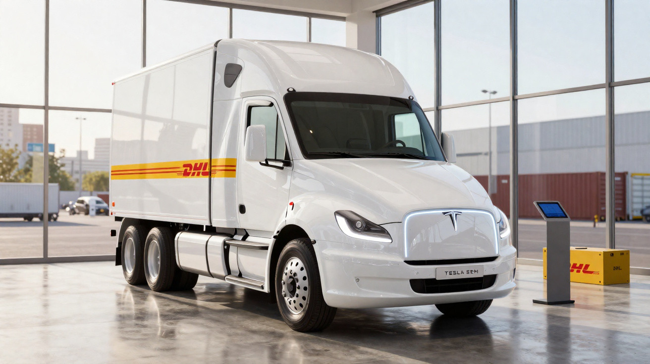 Caminhão elétrico branco da Tesla, modelo Semi, com logo DHL, em showroom moderno com parede de vidro.