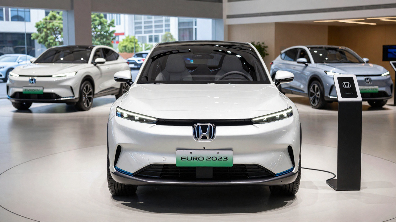 Carros elétricos Honda Euro 2023 exibidos em showroom moderno com iluminação branca e piso claro.