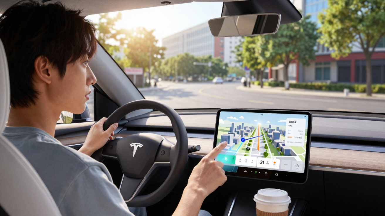 Homem dirigindo carro Tesla, usando tela sensível ao toque com navegação digital em área urbana ensolarada.
