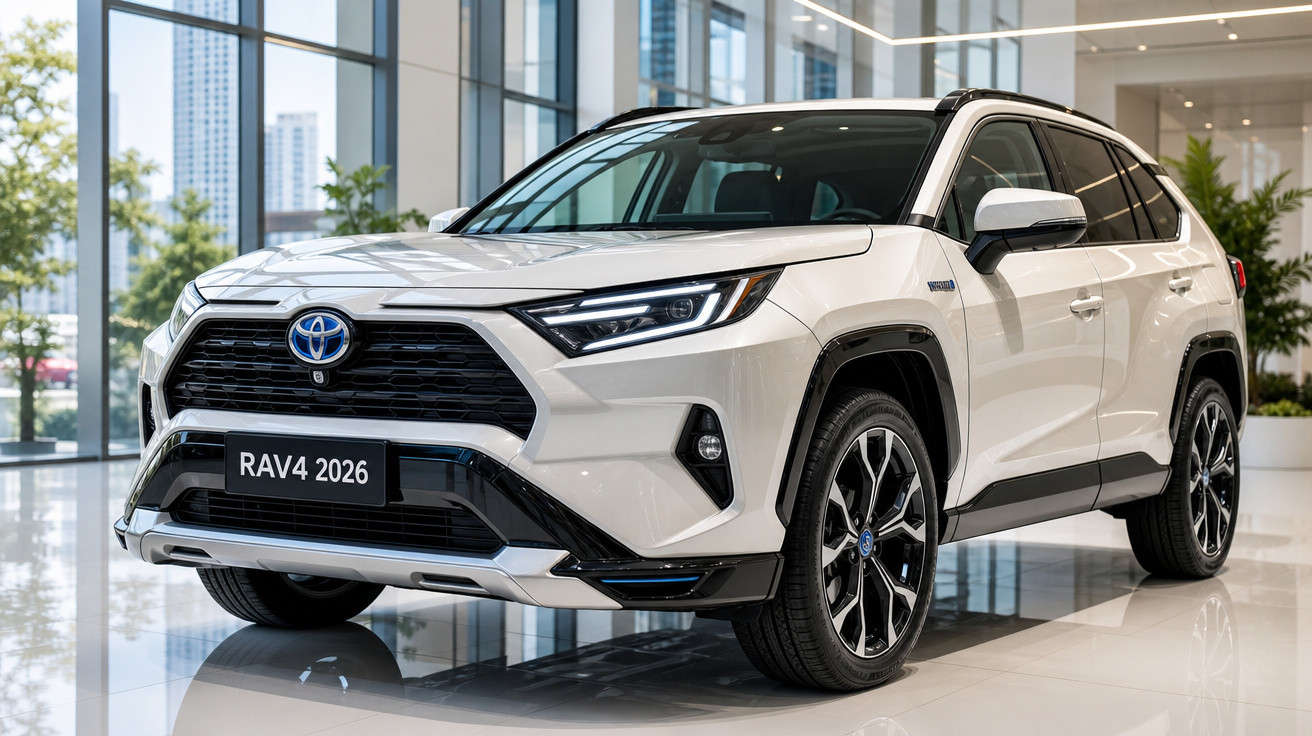 SUV Toyota RAV4 2026 branco em exposição moderna com teto solar e rodas pretas brilhantes