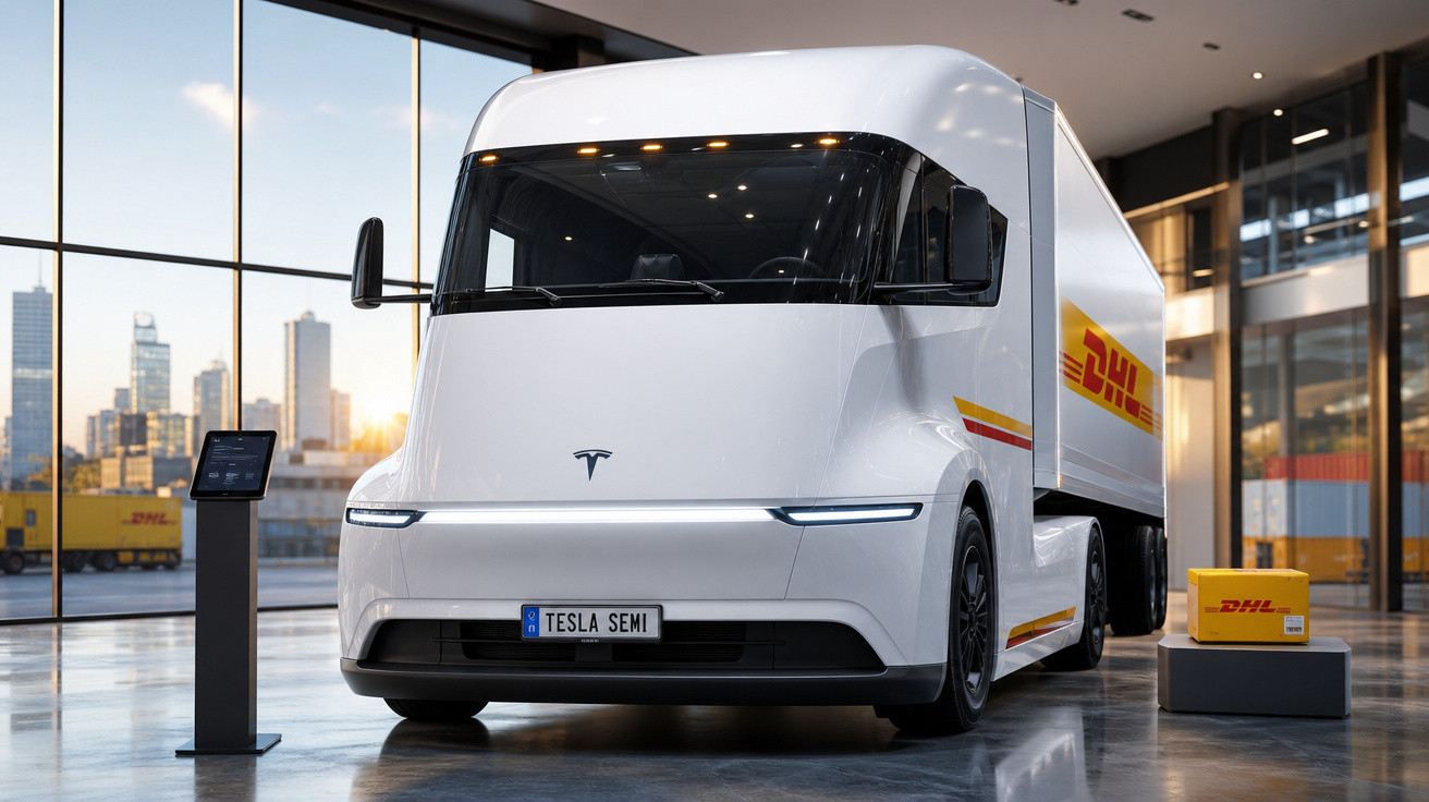 Caminhão elétrico Tesla Semi branco estacionado em showroom com logo DHL e pacotes amarelos.