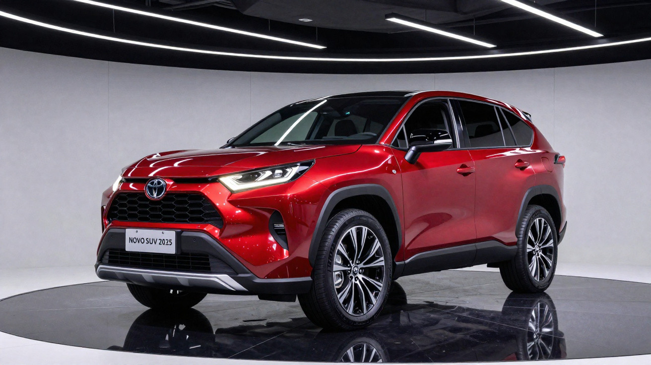 SUV Toyota 2025 vermelho em estúdio com iluminação moderna e pintura brilhante.