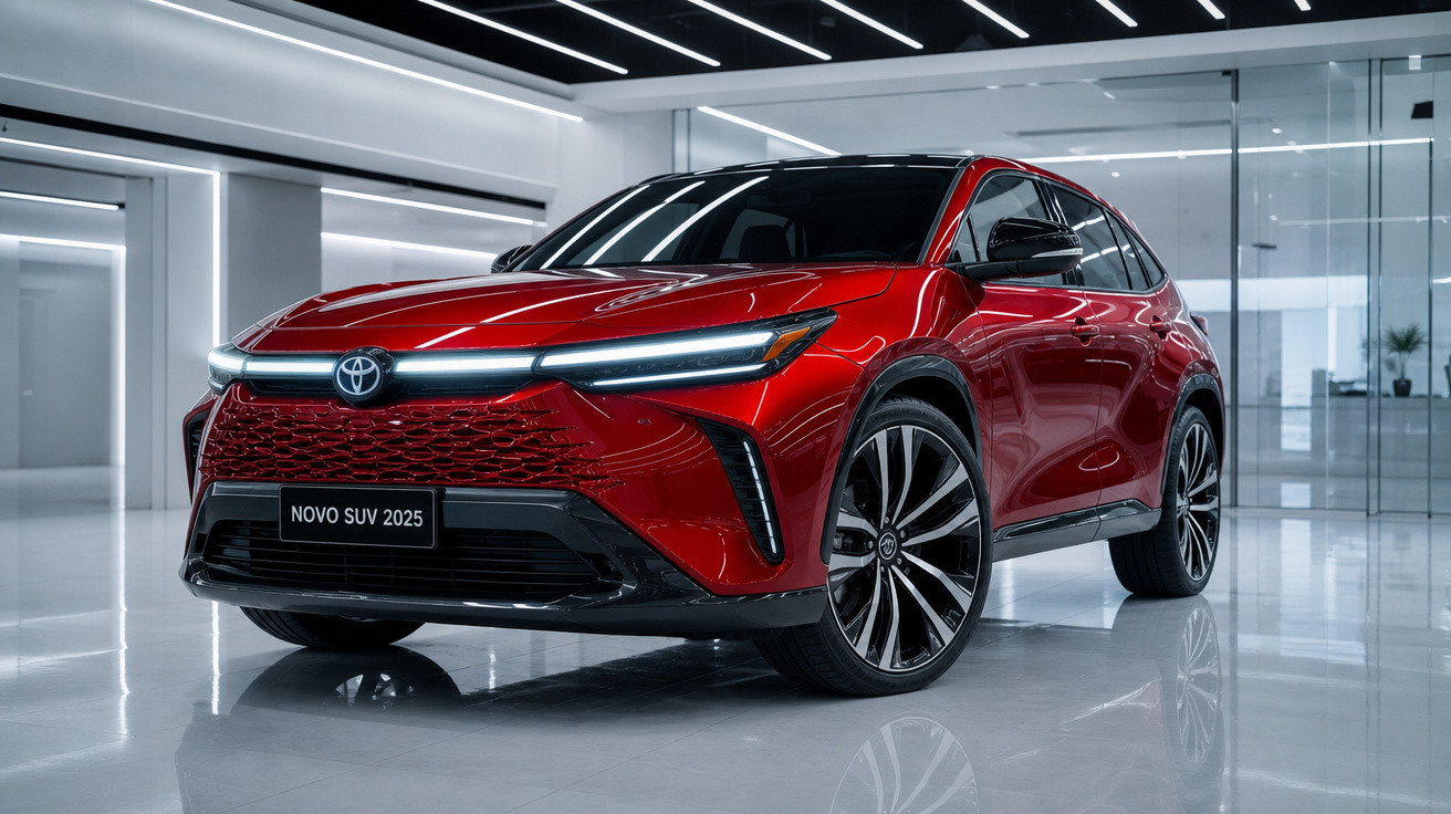 SUV Toyota vermelho modelo 2025 em salão moderno com piso brilhante e vidro ao fundo.