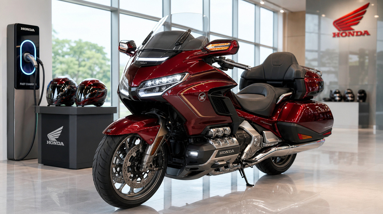 Motocicleta Honda Touring vermelha estacionada em showroom moderno com estação de recarga rápida ao fundo.