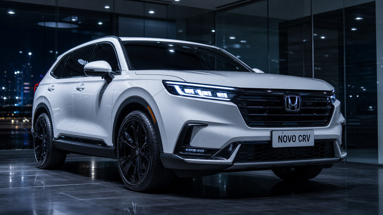 SUV branco Honda Novo CRV estacionado em ambiente urbano iluminado à noite.
