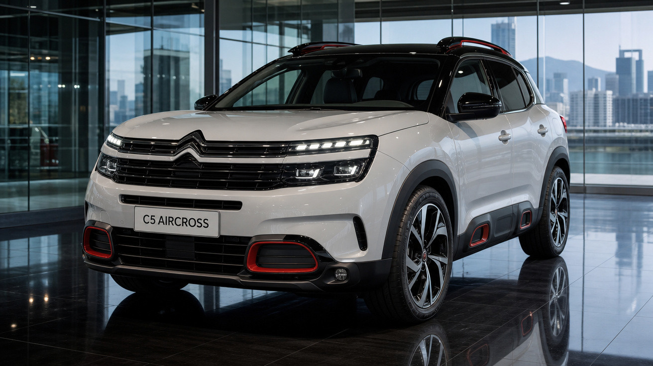 SUV Citroën C5 Aircross branco estacionado em ambiente interno com fundo de cidade e prédios modernos.