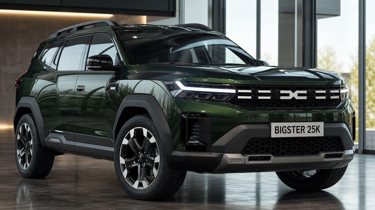 SUV verde escuro Bigster 25K estacionado em ambiente interno moderno com iluminação suave.
