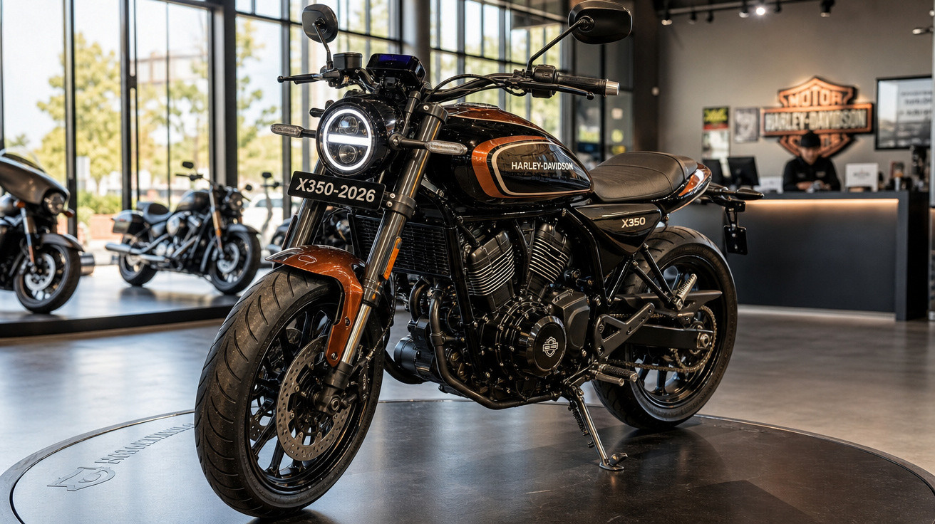 Motocicleta Harley-Davidson modelo X350 preta com detalhes em laranja exibida em showroom moderno.