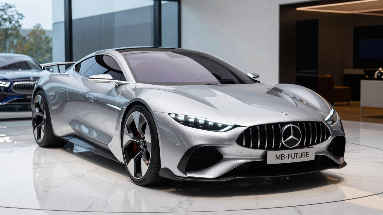 Carro esportivo prata Mercedes-Benz MB-Future exibido em ambiente interno moderno.
