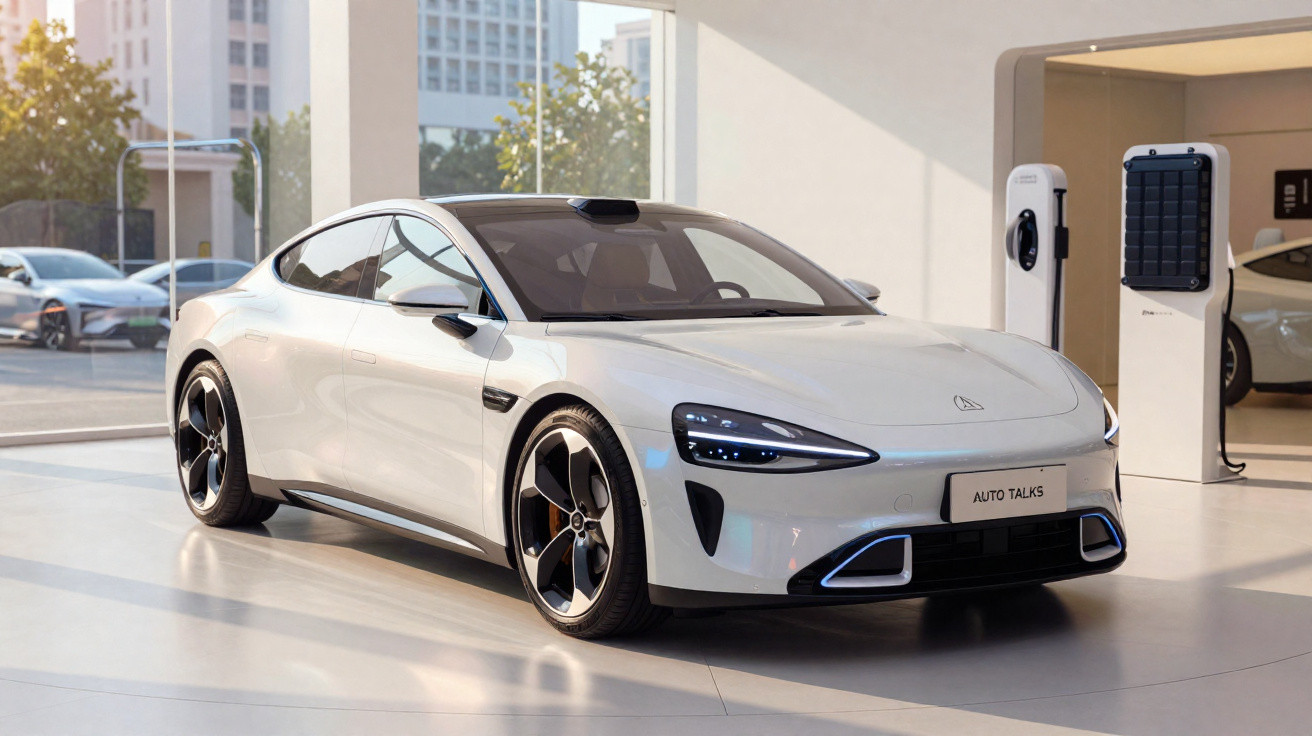 Carro elétrico branco moderno estacionado em ambiente interno com pontos de recarga ao fundo.