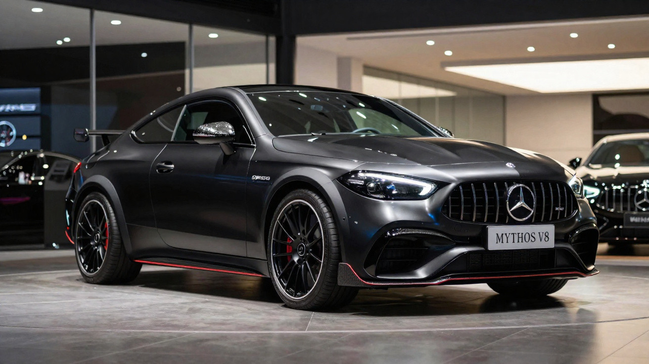 Carro esportivo Mercedes-Benz Mythos V8 preto fosco em exposição interna, com design elegante e rodas pretas.