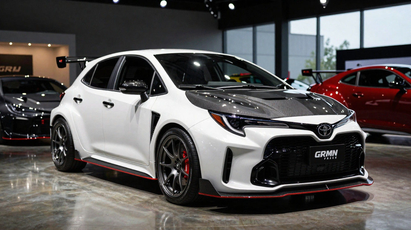 Carro esportivo branco com capô preto em exposição interna, roda preta e aerofólio traseiro grande.