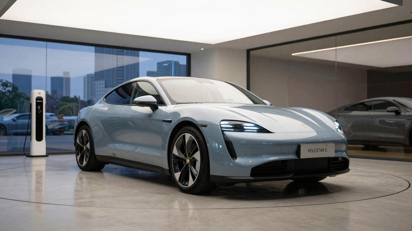 Carro elétrico esportivo cinza claro Polestar 5 em showroom moderno com estação de carregamento ao lado.