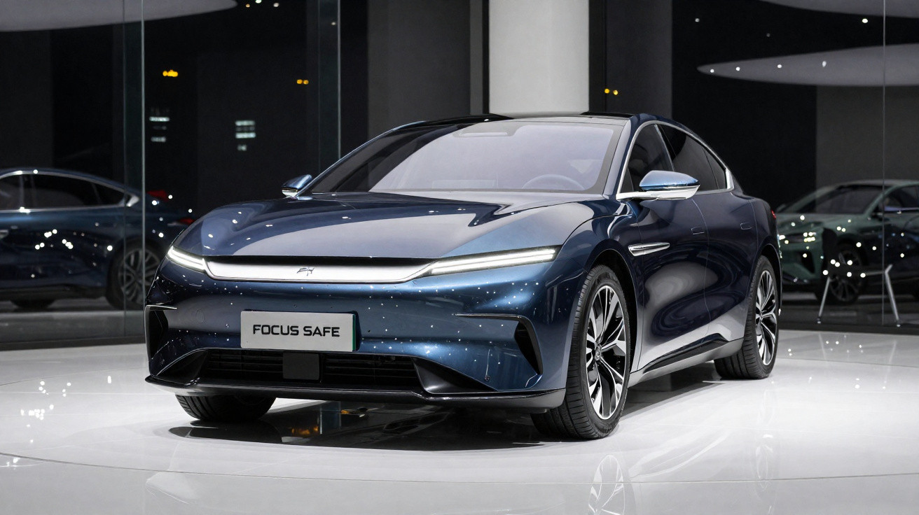 Carro elétrico sedã azul escuro com design futurista em exibição em ambiente interno iluminado.
