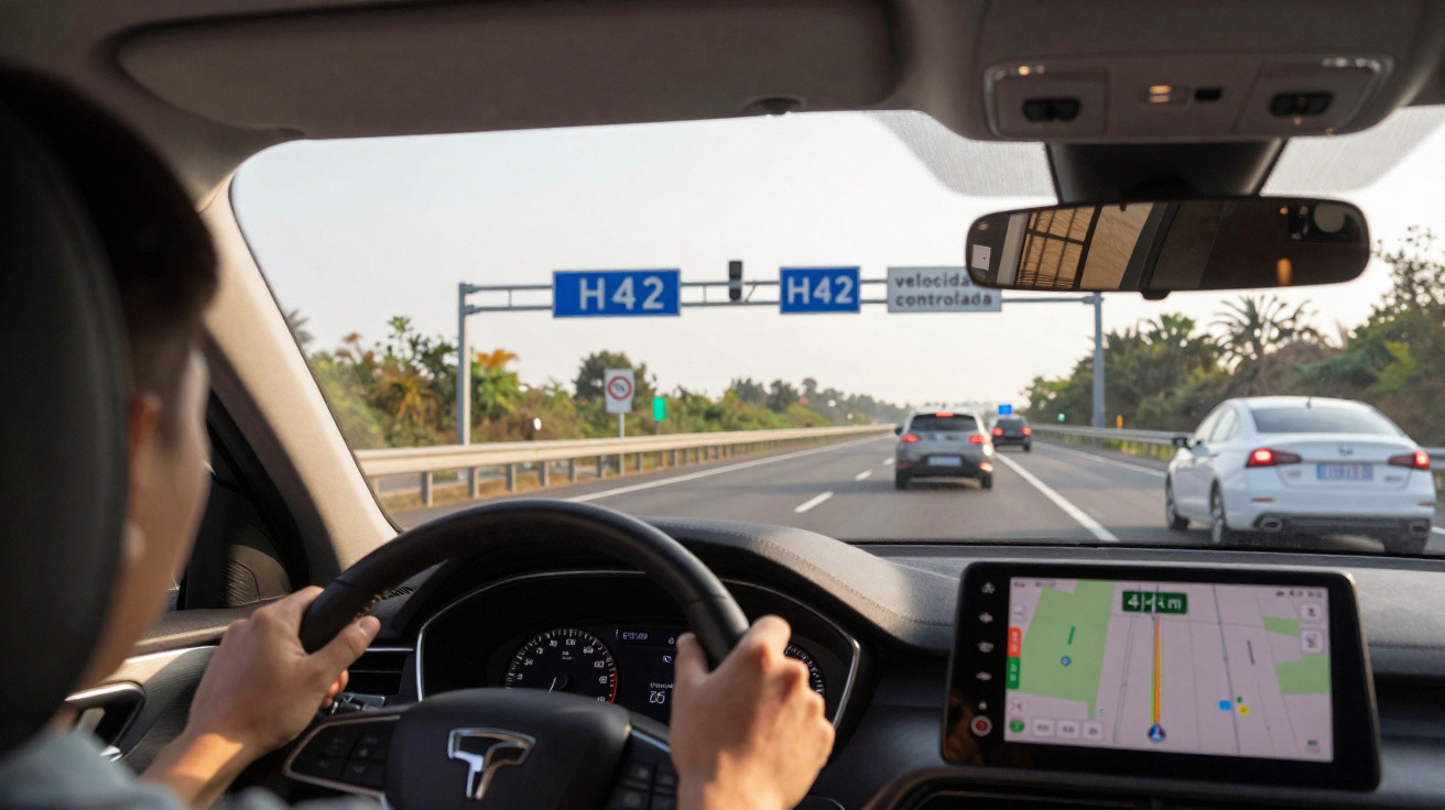 Pessoa dirigindo um carro Tesla em rodovia com GPS mostrando rota e sinalização de velocidade controlada.