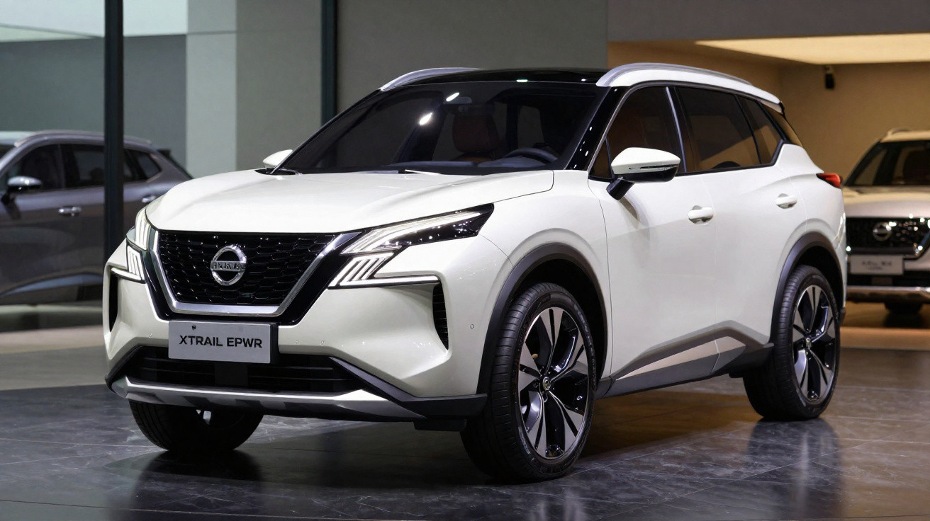 SUV Nissan X-Trail branco com rodas pretas e detalhes modernos em exposição interna.