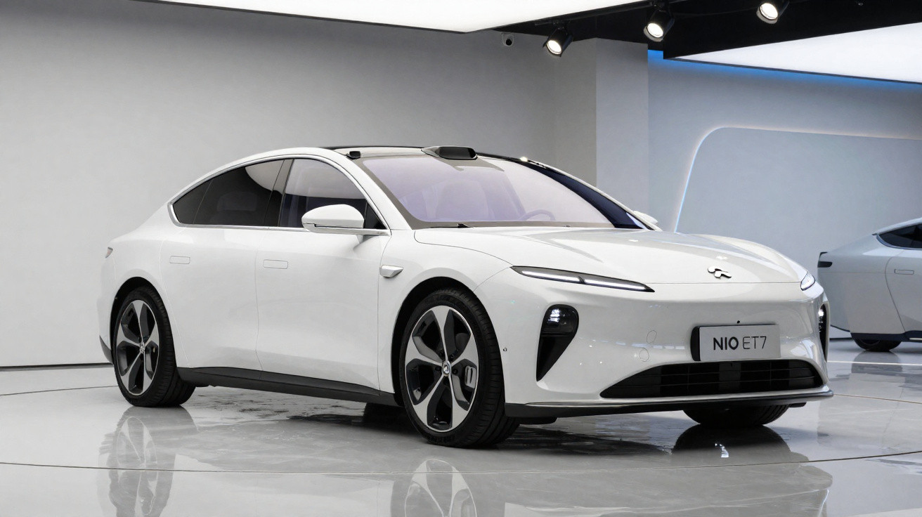 Carro elétrico branco NIO ET7 em exposição, com design moderno e aerodinâmico.