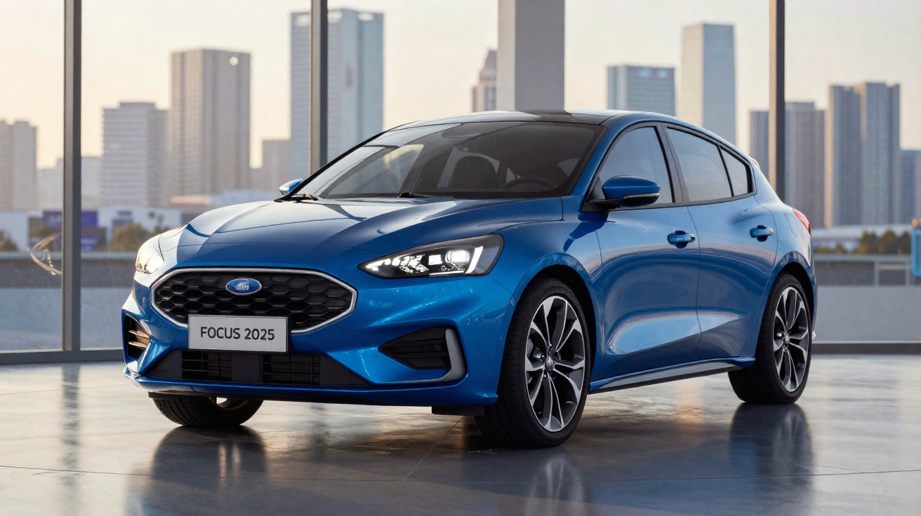 Carro azul Ford Focus 2025 estacionado em ambiente interno com vista para cidade ao fundo.