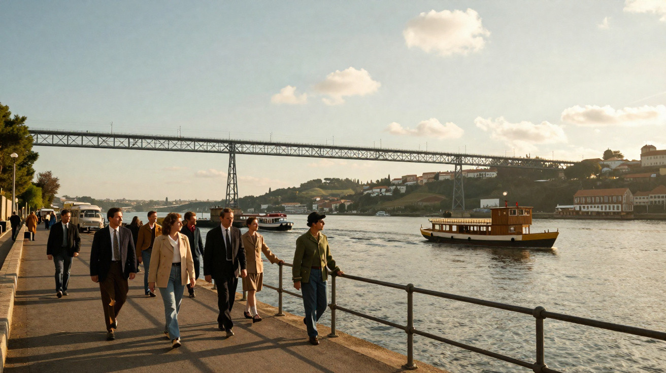 Grupo de pessoas caminhando à beira de rio com ponte, barcos e casas ao fundo em dia ensolarado.