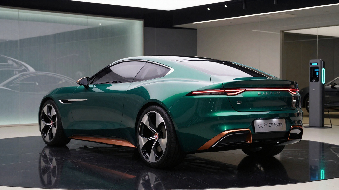 Carro esportivo elétrico verde com detalhes em cobre em exibição em ambiente moderno e iluminado.