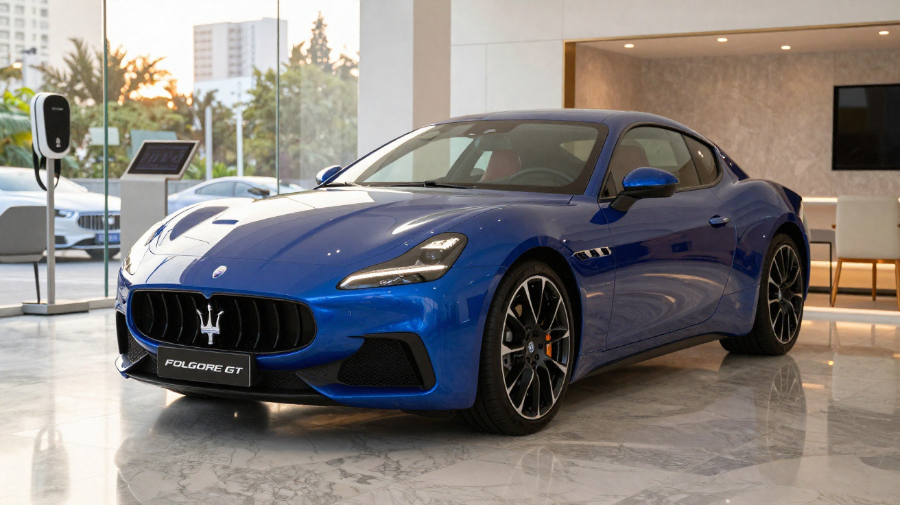 Carro esportivo azul Maserati Folgore GT em showroom moderno com piso de mármore.