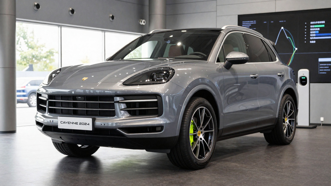 SUV Porsche Cayenne 2024 cinza exibido em showroom moderno com piso cinza e parede escura ao fundo.