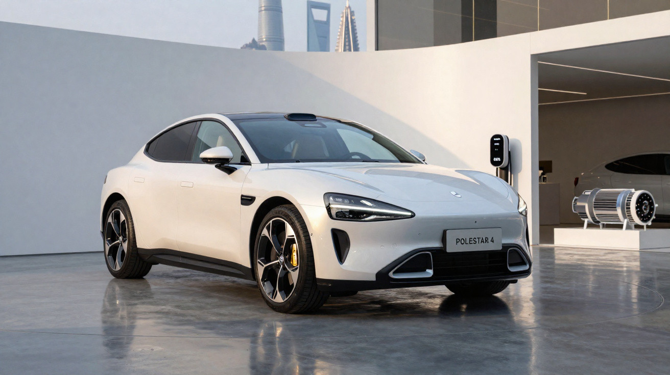 Carro elétrico branco Polestar 4 estacionado em ambiente moderno e minimalista com estação de recarga.