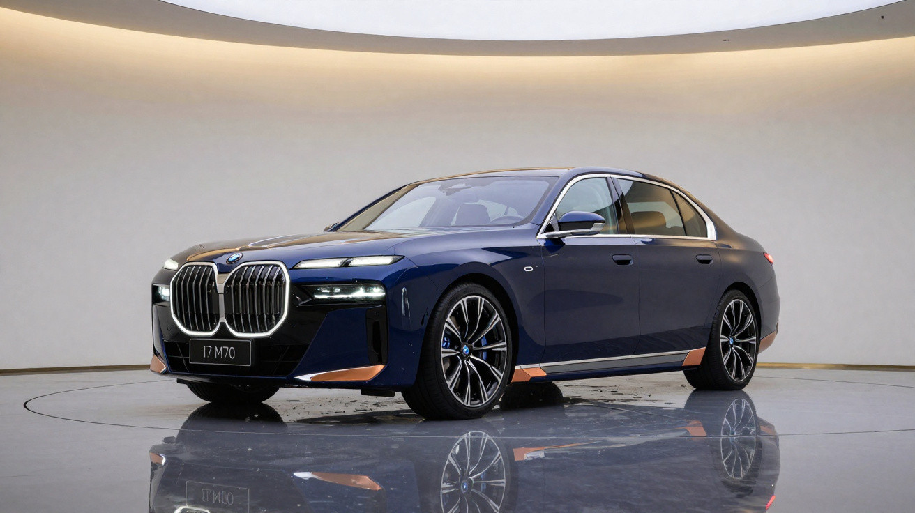 Carro BMW elétrico azul modelo i7 M70 em exposição minimalista com piso brilhante refletindo o veículo.