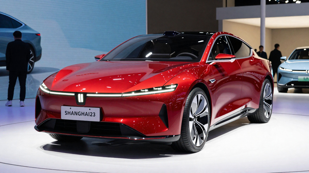 Carro elétrico esportivo vermelho em exposição, com design futurista e rodas grandes, em ambiente interno.