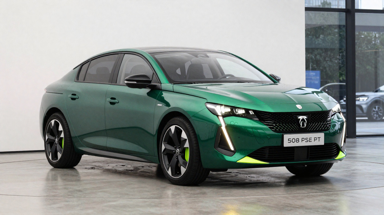 Carro sedan verde metálico Peugeot 508 PSE PT estacionado em piso cinza dentro de galpão.
