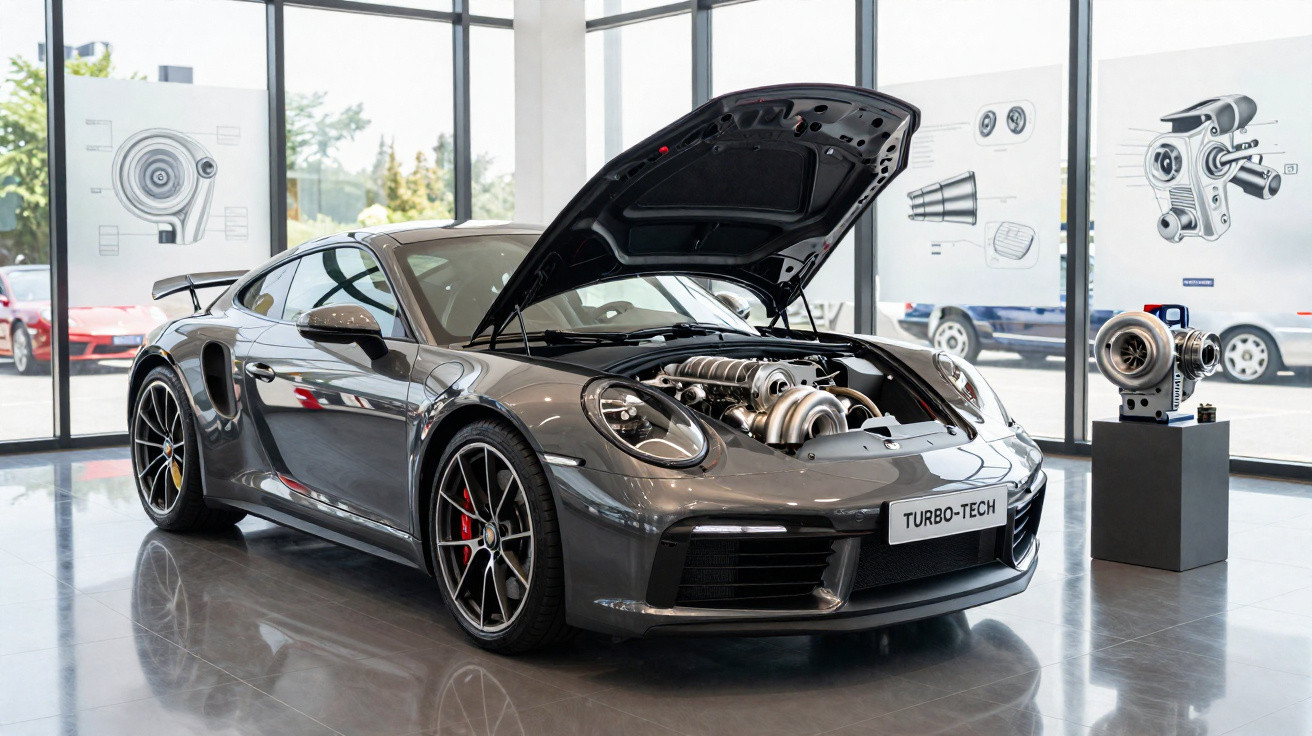 Carro esportivo cinza com capô aberto exibindo turbocompressor em showroom moderno com vitrines de vidro.