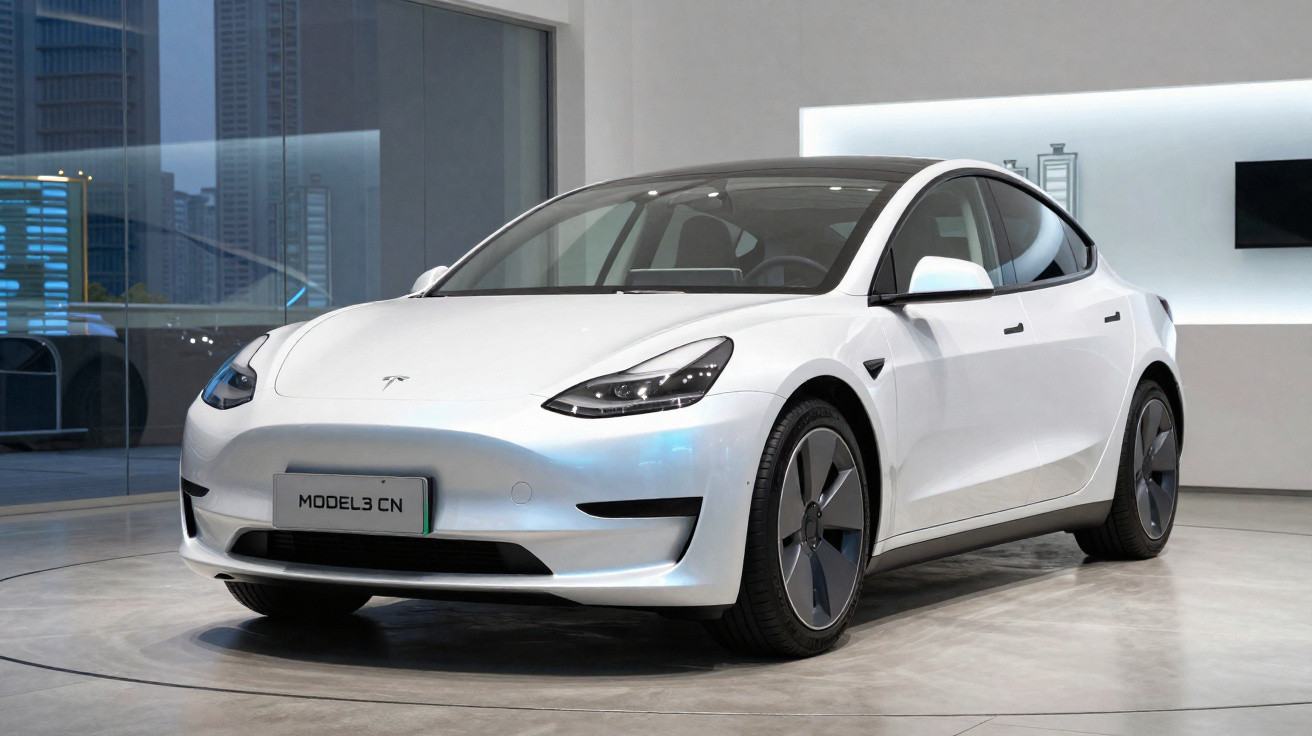 Carro elétrico Tesla Model 3 branco exibido em showroom moderno com piso cinza e parede branca.
