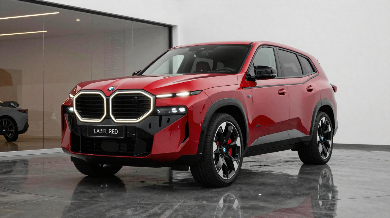 SUV BMW vermelho, design moderno com grade dianteira iluminada, rodas pretas e detalhes esportivos, em ambiente interno.
