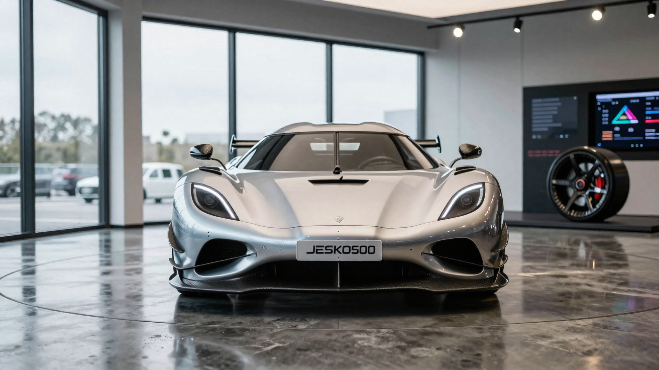 Carro esportivo prata modelo Jesko500 em exposição interna com piso de mármore e janelas grandes ao fundo.