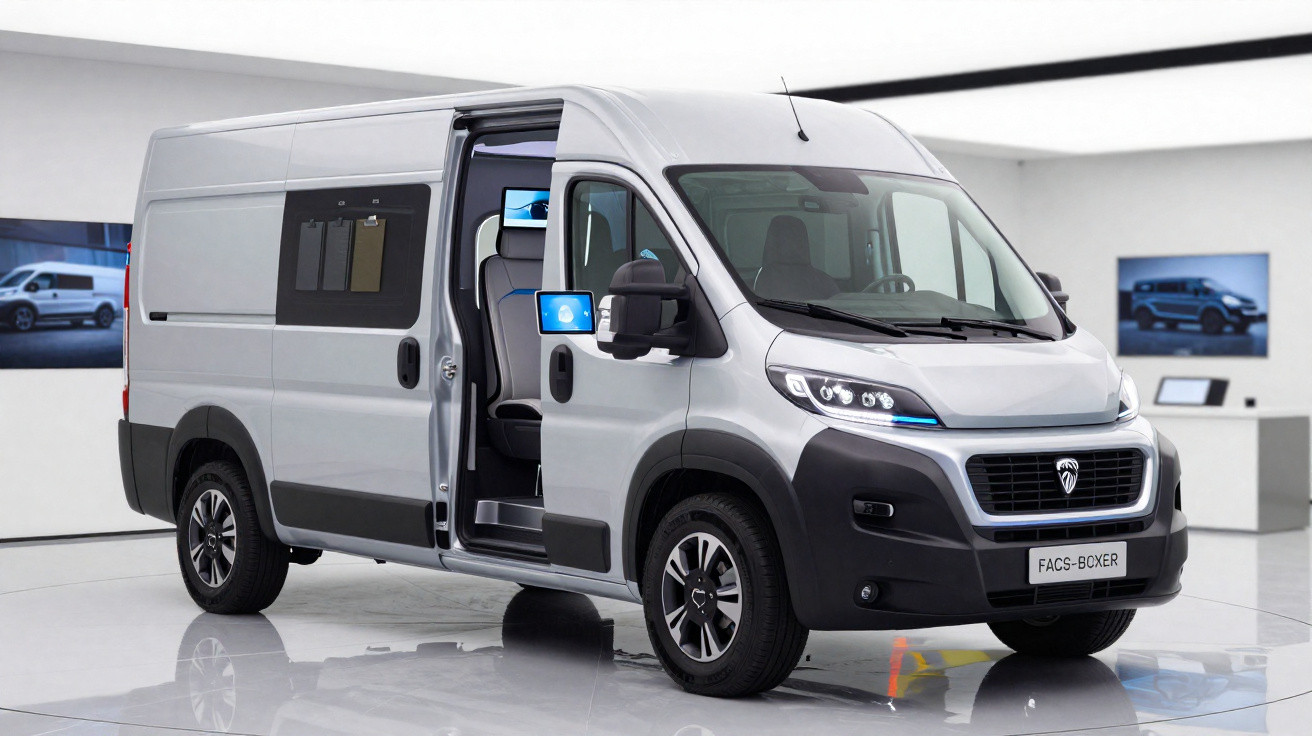 Van elétrica cinza com porta lateral aberta exibindo interior moderno em showroom iluminado.