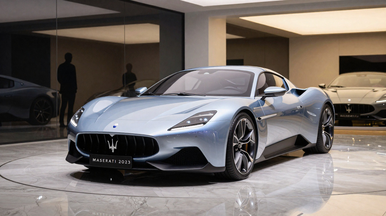 Carro esportivo Maserati azul metálico 2023 exibido em showroom moderno com piso de mármore.