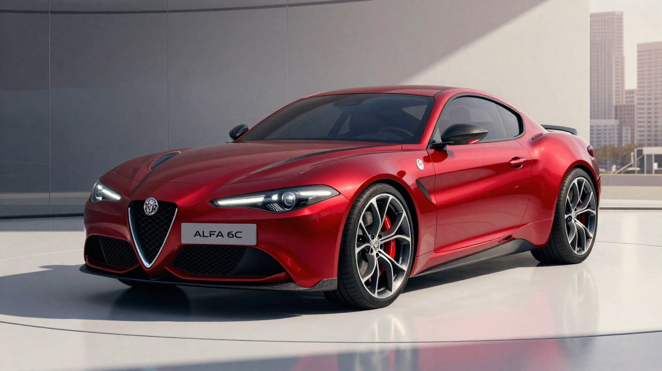Carro esportivo vermelho Alfa 6C estacionado em ambiente moderno com luz natural iluminando a lateral.