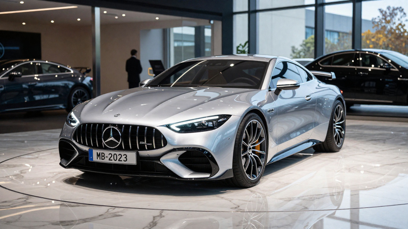 Carro esportivo prata Mercedes-Benz AMG GT em exposição em showroom moderno com piso de mármore.