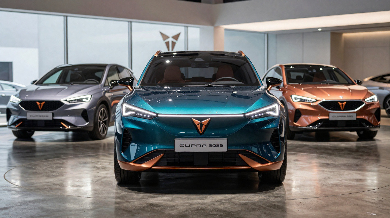Três carros elétricos Cupra 2023 em cores azul, cinza e laranja exibidos em showroom moderno.