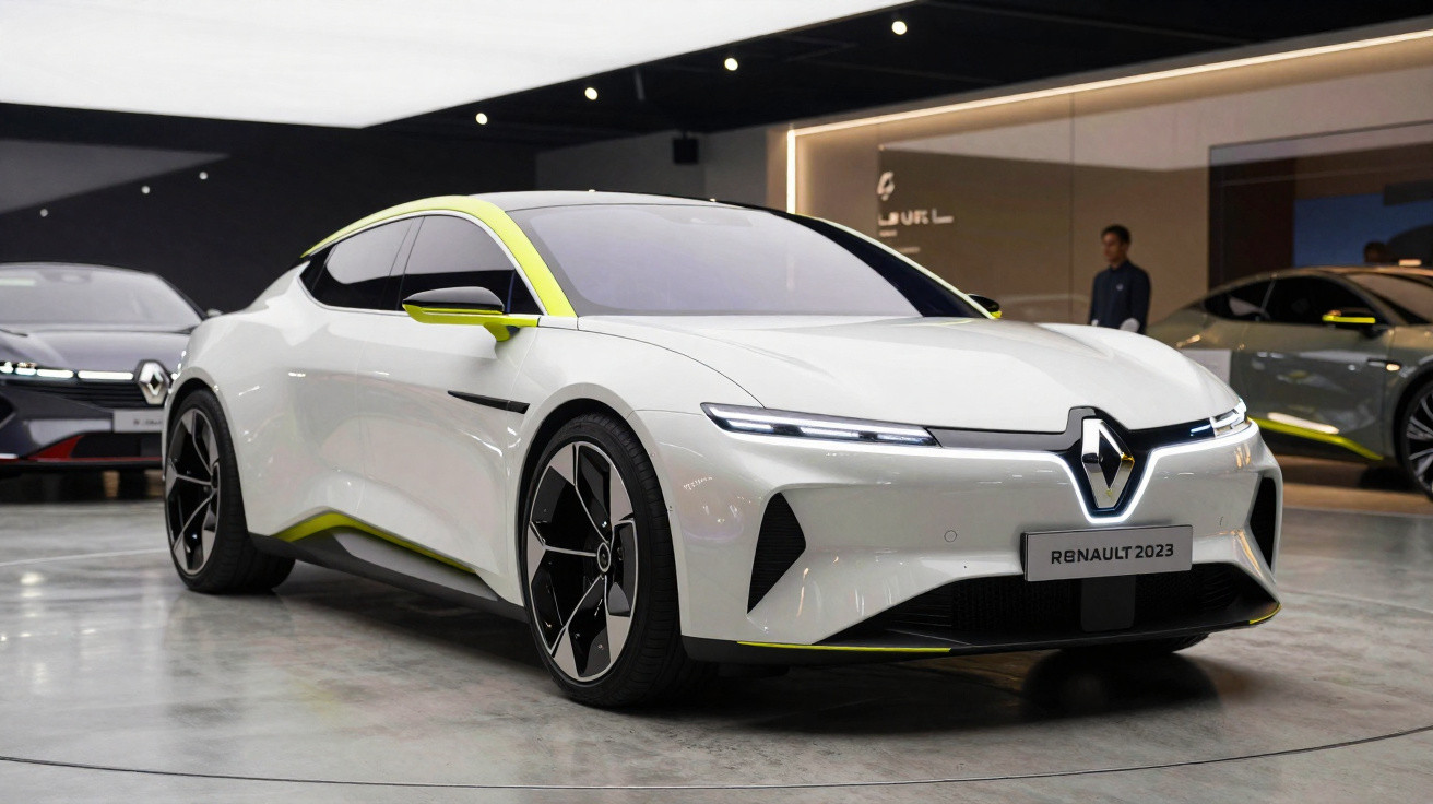 Carro elétrico conceitual branco Renault 2023 em exposição com detalhes em amarelo neon e rodas pretas.