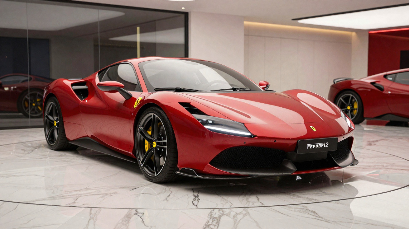Carro esportivo Ferrari vermelho estacionado em chão branco brilhante em ambiente interno moderno.