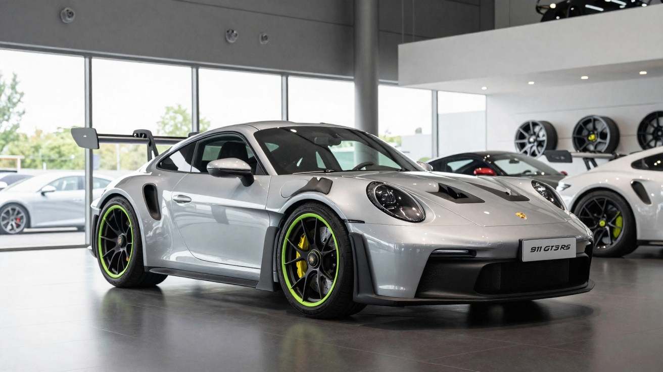 Carro esportivo Porsche 911 GT3 RS prata em showroom com rodas detalhadas em verde neon.
